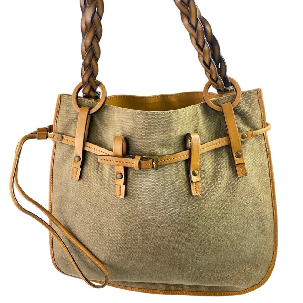 Gucci Women's Gray Green Braided Leather Straps Canvas Tote Shoulder Hand Bag - Picture 3 of 9